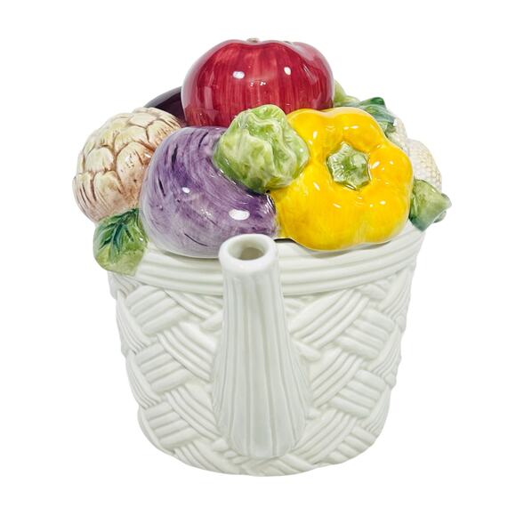 Vintage Fitz & Floyd Vegetable Garden Teapot Basket Weave 1995 in Original Box - Picture 4 of 12